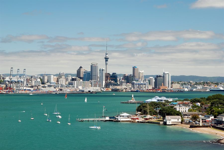 Auckland harbor and skyline with sailboats